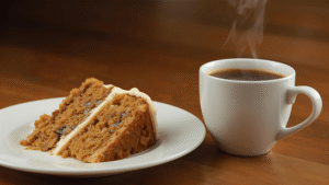 A slice of carrot cake on a white plate next to a steaming cup of coffee, cozy wooden table background.