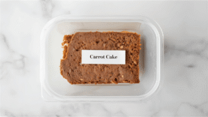 A slice of carrot cake wrapped and labeled in a freezer-safe container on a marble countertop.