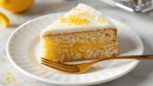 A slice of lemon curd-filled vanilla cake on a white plate with lemon zest garnish and a gold fork beside it.