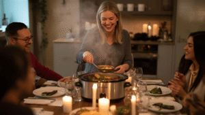 A smiling woman serving steaming vegetarian food from a crockpot at her dinner table, surrounded by candles, laughter, and friends.