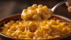 A spoonful of creamy mac and cheese being lifted from a rustic bowl with melted cheese stretching between the noodles.