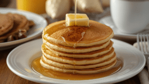 A stack of golden fluffy pancakes with butter melting on top and maple syrup dripping down. A warm, inviting breakfast table scene.