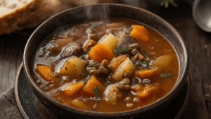 A steaming bowl of homemade vegetable soup with chunks of carrots, potatoes, and lentils, served with crusty bread on a rustic wooden table.
