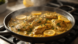 A steaming pan of creamy lemon chicken orzo on a stove, topped with parsley and lemon slices, soft golden lighting, cozy kitchen setting.