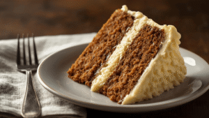 A stunning slice of carrot cake with thick frosting on a dessert plate beside a vintage fork and linen napkin.
