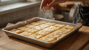 A tray of golden lemon sugar cookie bars cooling on a wooden counter, a hand dusting powdered sugar, soft natural light streaming through a kitchen window.