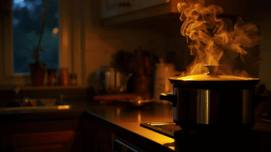 A warm, glowing kitchen at night with a slow cooker on the counter, steam rising softly, and a peaceful atmosphere of contentment.