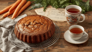 A warm, nostalgic scene of a carrot cake on a cooling rack with a cup of tea beside it, old recipe cards and fresh carrots in the background.