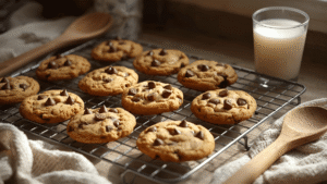 A warm rustic kitchen scene with a cooling rack of freshly baked gluten-free chocolate chip cookies. Golden-brown edges, melted chocolate chips, a wooden spoon, and a glass of milk nearby. Morning sunlight through a window, cozy and homely atmosphere.