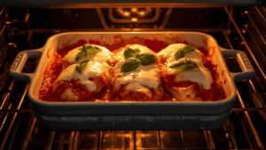 Baking dish in a glowing oven, chicken parmesan bubbling with melted mozzarella and fresh basil leaves on top.