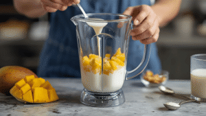 Blending diced mango and coconut milk in a glass blender on a kitchen countertop, with fresh mango cubes and a spoon of condensed milk nearby.