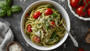 Bowl of pasta coated in vibrant green nut-free pesto, garnished with cherry tomatoes and grated Parmesan. Overhead, food blog style photo.