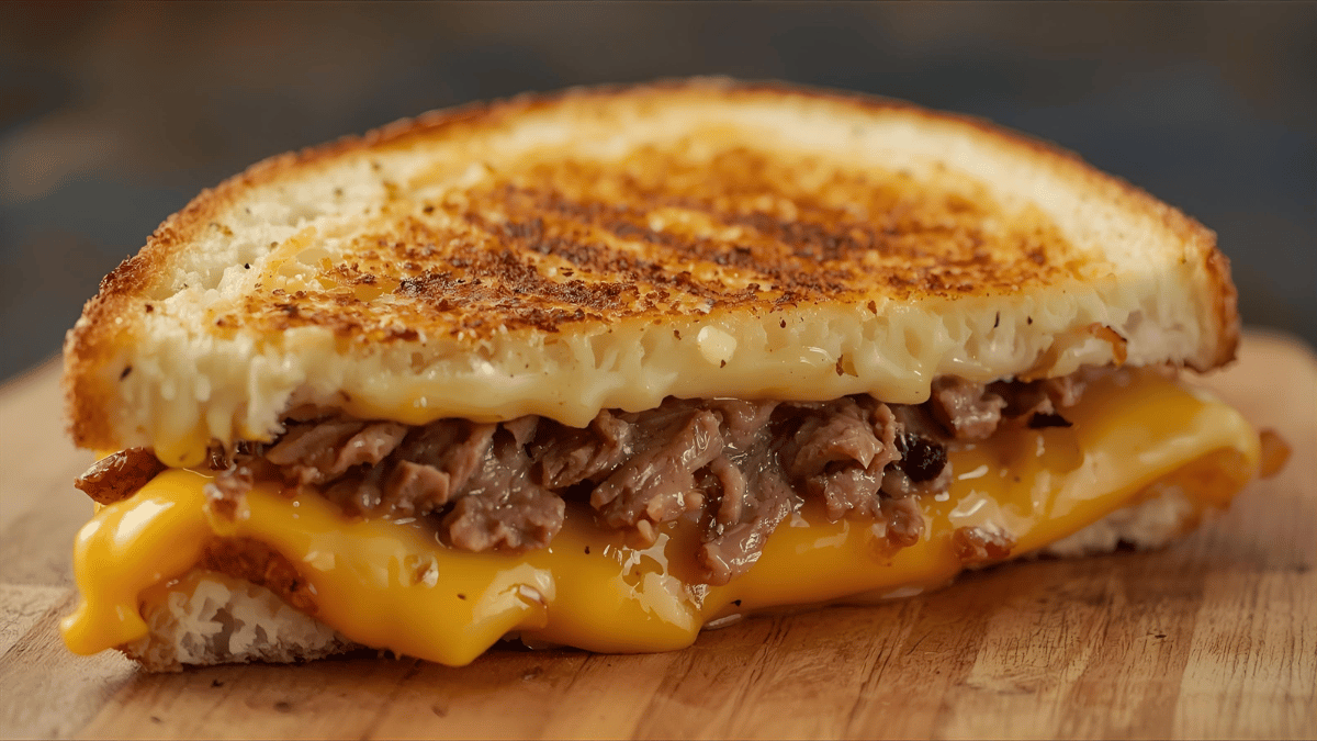 Close-up of a golden, crispy grilled cheese sandwich oozing with melted cheddar and brisket pieces, sliced diagonally on a wooden board.