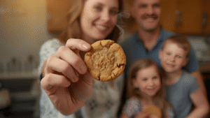 Close-up of a woman holding a freshly baked peanut butter cookie, steam rising, cozy kitchen background, warm golden tones, family in the background smiling.