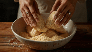 Close-up of a woman’s hands coating chicken in a bowl of grated Parmesan and almond flour mixture, warm kitchen lighting, rustic textures.