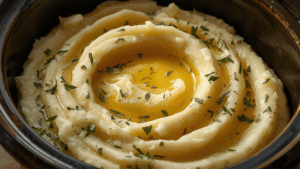 Close-up of creamy garlic mashed potatoes with melted butter pools, served in a rustic crockpot with herbs scattered on top.