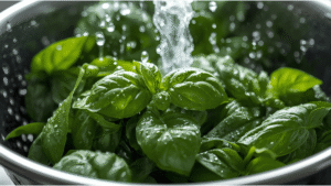 Close-up of fresh basil leaves being washed in a colander. Bright kitchen lighting, realistic detail.