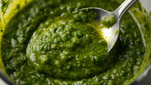 Close-up of spoon stirring freshly blended pesto in a bowl with lemon juice and olive oil drizzle. Vibrant, green texture.