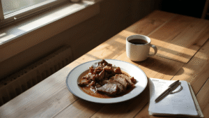 Cozy farmhouse kitchen table with a plate of tender brisket leftovers, sunlight pouring through the window, a cup of coffee beside a recipe notebook.