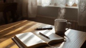 Cozy wooden kitchen table with a steaming mug of tea, an open recipe journal, pen resting beside it, morning light streaming through lace curtains.