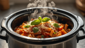 Crockpot tomato basil pasta topped with cheese, fresh basil leaves, and steam rising in a sunlit kitchen setting.