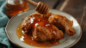 Drizzling hot honey over fried chicken on a rustic plate.