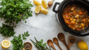 Flat lay of fresh herbs, lemon wedges, a crockpot filled with stew, and wooden spoons arranged artfully on a kitchen counter with natural light.