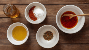 Flat-lay of ingredients in small bowls with honey jar, chili flakes, and vinegar on a wooden table.