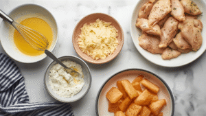 Flat lay shot of a kitchen counter with bowls of whisked egg, Parmesan mixture, and chicken pieces ready for dipping, styled naturally.