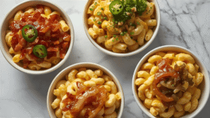 Flat-lay shot of mac and cheese bowls with different toppings — bacon bits, jalapeños, broccoli, and caramelized onions.