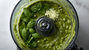 Food processor blending basil, garlic, Parmesan, and olive oil into creamy pesto. Overhead shot with vibrant colors.