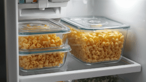 Glass meal prep containers filled with macaroni and cheese labeled for storage in a modern kitchen fridge.