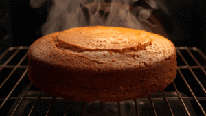 Golden-brown carrot cake fresh from the oven on a cooling rack, steam still rising.