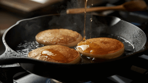 Golden pancakes sizzling on a black cast-iron skillet, bubbles forming on the surface, steam rising in soft morning light.