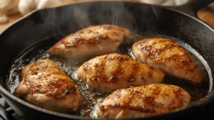 Golden seared chicken pieces sizzling in a cast-iron skillet with olive oil, steam rising, garlic cloves visible in the background.