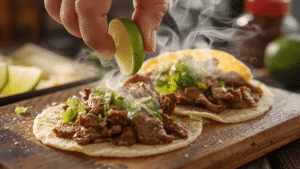 Hand squeezing a lime wedge over brisket tacos, steam curling up from the tortillas.
