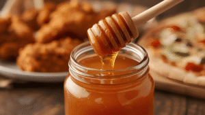 Hero image of hot honey in a jar with a dipper, with fried chicken or pizza in the background.