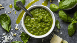 Hero shot: nut-free pesto in a small bowl with spoon, surrounded by fresh basil leaves, Parmesan, and olive oil drizzle. Bright, appetizing, high-resolution food photography.