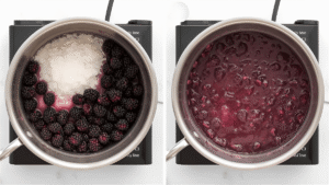 In a medium saucepan, combine the blackberries, sugar, and water. Bring the mixture to a gentle boil over medium heat, stirring occasionally to dissolve the sugar.