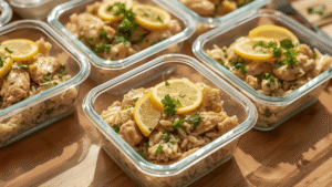 Meal prep containers filled with lemon chicken orzo, topped with lemon slices and parsley, placed on a wooden counter with bright daylight.