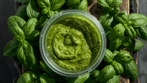 Nut-free pesto in a freezer-safe container surrounded by fresh basil leaves. Overhead shot, realistic kitchen setting.