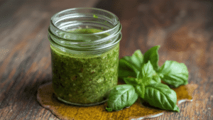 Nut-free pesto in a glass jar with a drizzle of olive oil, placed on a rustic kitchen counter. Fresh basil nearby for garnish.