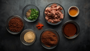 Overhead flat-lay of small glass bowls holding diced brisket, herbs, spices, and sauces neatly arranged on a kitchen counter.