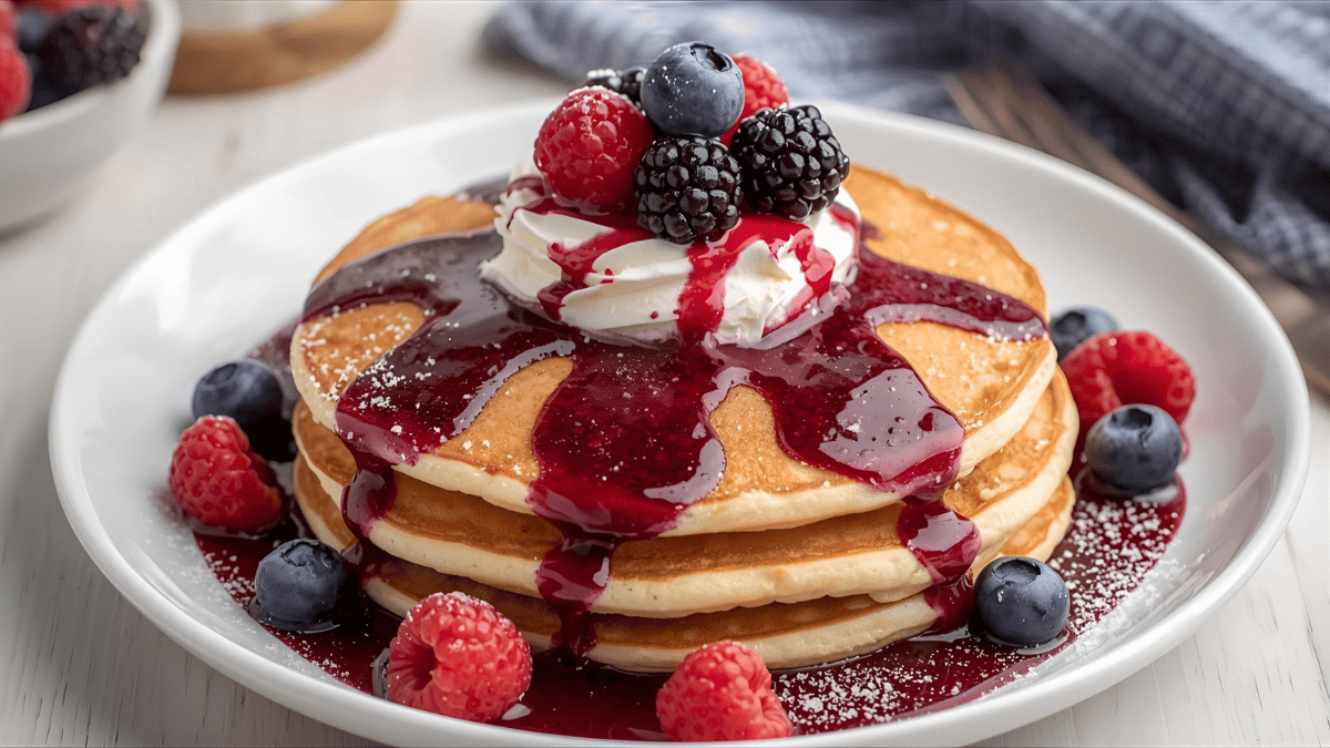 Pancakes drizzled with deep purple syrup and topped with whipped cream and berries