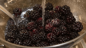 Rinse the blackberries gently under cold water and remove any stems or leaves. If using frozen berries, let them thaw slightly before cooking.