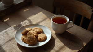 Rustic kitchen table with a plate of peanut butter cookies, a warm cup of tea, sunlight streaming through the window, cozy home vibe, wooden textures.