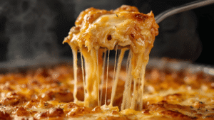 Spoon lifting a cheesy portion of pasta bake with melted strands stretching from the dish.