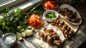 Sun-lit kitchen counter with colorful toppings for tacos—fresh cilantro, diced tomatoes, sliced jalapeños, and small bowls of brisket pieces ready to fill warm tortillas.