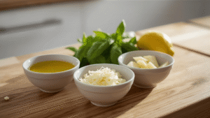 Three small bowls with olive oil, Parmesan cheese, and lemon on a wooden counter with basil leaves. Bright, cozy kitchen lighting.