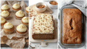 Three variations of carrot cake: cupcakes, layer cake, and loaf, displayed on a table with rustic napkins.